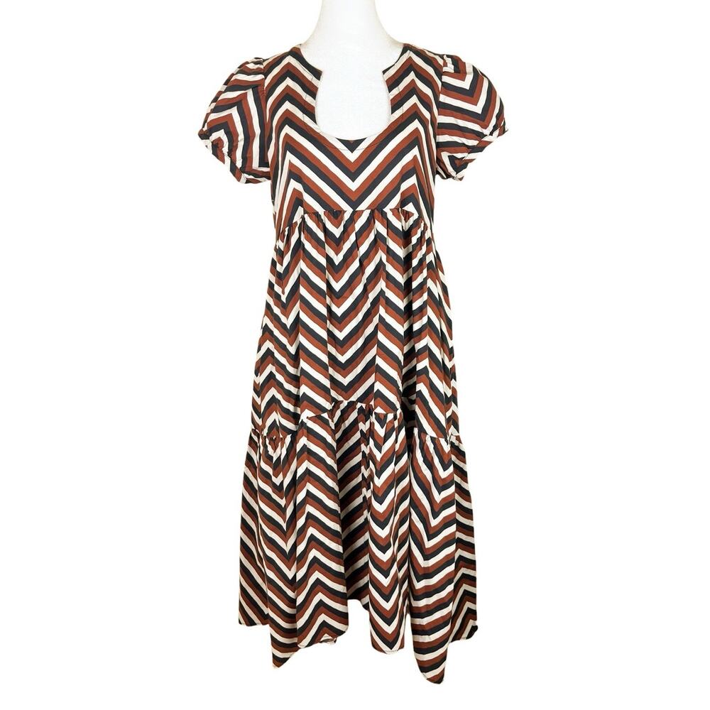Never a Wallflower Safari Chevron Midi Dress Peasant Cottagecore Boho Size Small - Picture 2 of 7